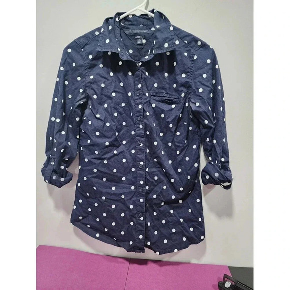 Tommy Hilfiger Button Up Blouse Women White/Blue Size XS Polka Dot 100% Cotton - Picture 1 of 3